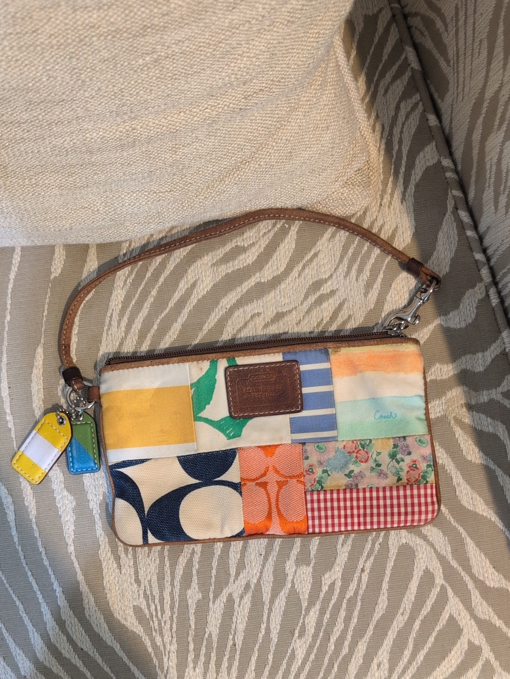 Coach Multicolor Patchwork Wristlet with Brown Leather Trim - Y2K Era -Vintage